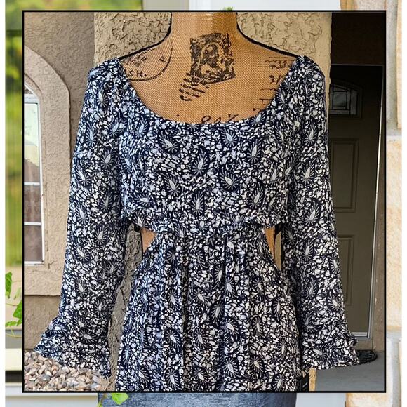 Lulus Blissful Sweetie Navy Blue Paisley Tiered Waist Cutouts Midi Dres Size M - Picture 3 of 11